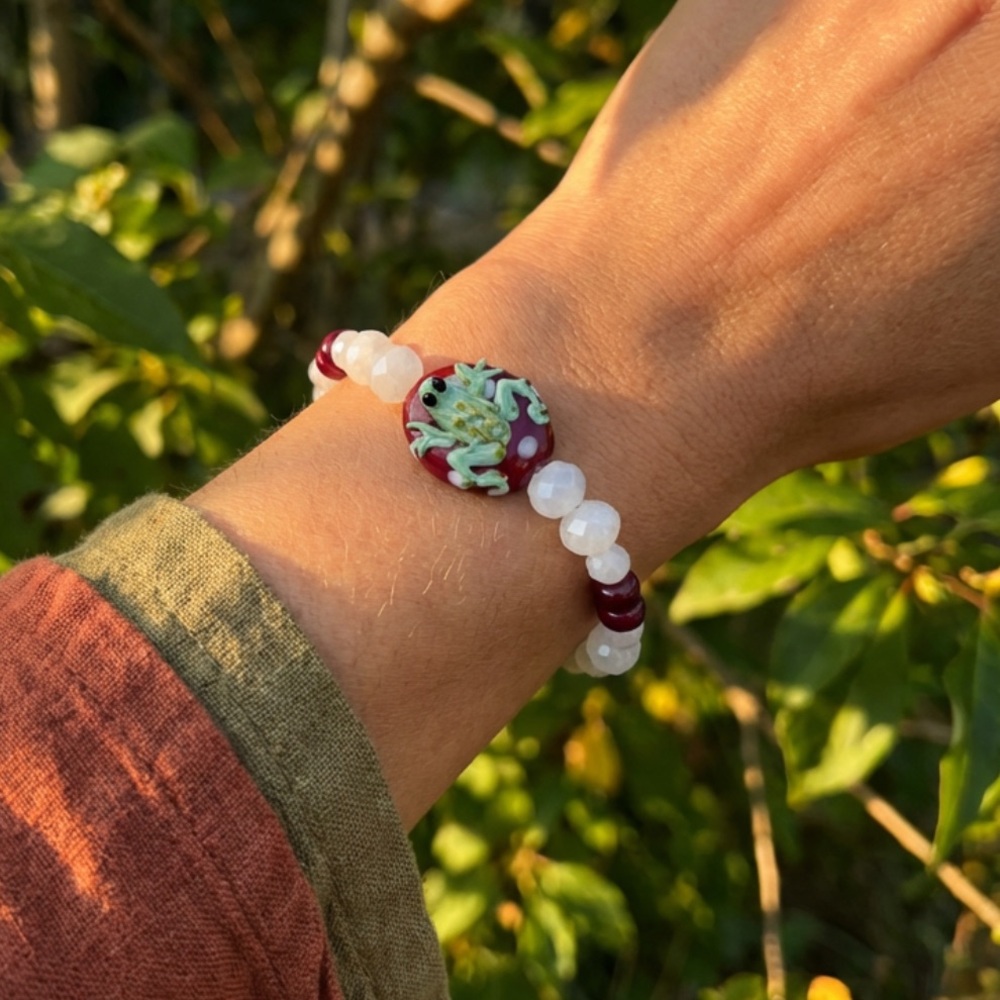 Blown Glass Art Frog Bracelet with Stone, Pearl and Ceramic Beads
